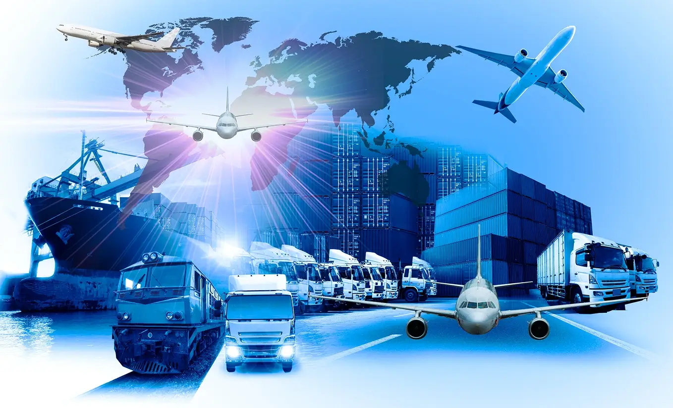Global logistics and transportation services with cargo ship, airplane, freight trucks, and train in front of world map and shipping containers
